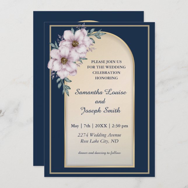 Invitación Modernos y elegantes rosas de marco dorado azul ma (Anverso / Reverso)