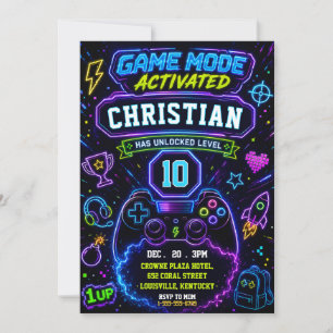 Invitación Modo de Juego Neon Activado Fiesta de Cumpleaños d