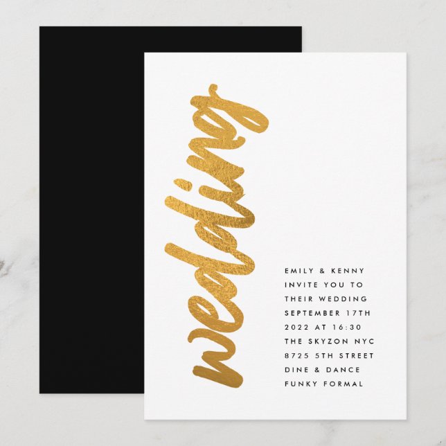 Invitación Modos laterales Relieve metalizado dorado negro Bo (Anverso / Reverso)
