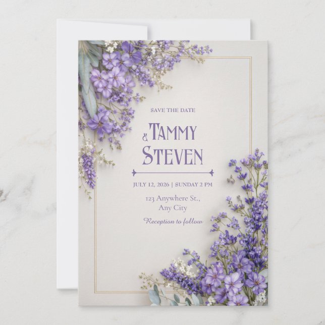 Invitación Moldura Dorada Flor Silvestre Púrpura Eucalipto (Anverso)