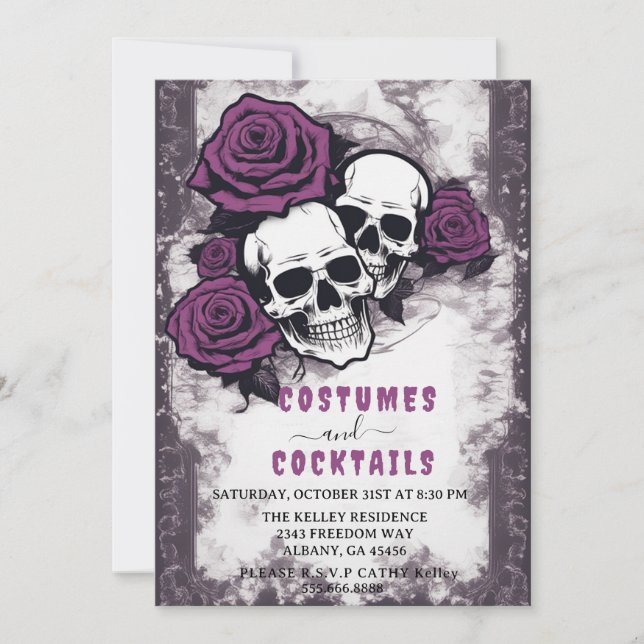 Invitación Molestos cráneos Rosas púrpura fiesta de Halloween (Anverso)