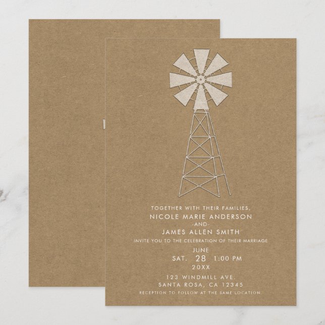 Invitación Molino de Viento de Boda Moderno Kraft Marrón Rúst (Anverso / Reverso)