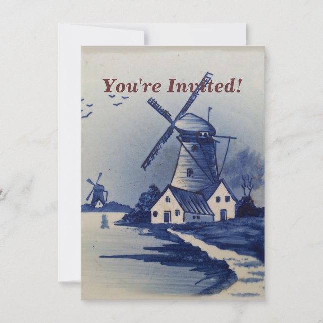 Invitación Molino de viento Delft azul vintage (Anverso)