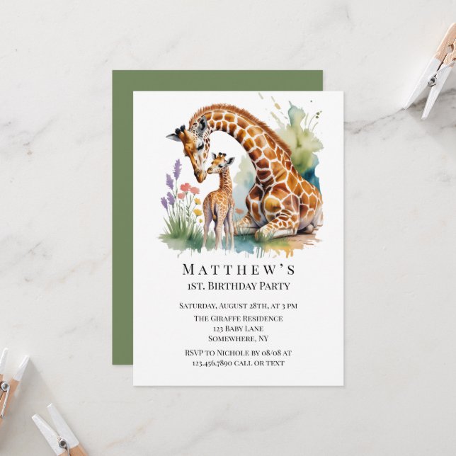 Invitación Mom and Me Watercolor Giraffe 1st. Birthday Party  (Anverso/Reverso In Situ)