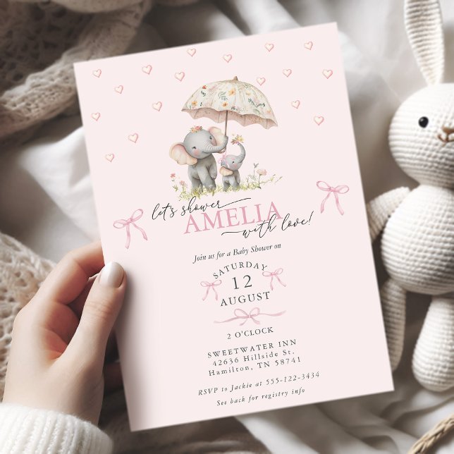 Invitación Mom & Baby Elephant with Umbrella Baby Girl Shower (Mom & Baby Elephant with Umbrella Baby Girl Shower Invitation)