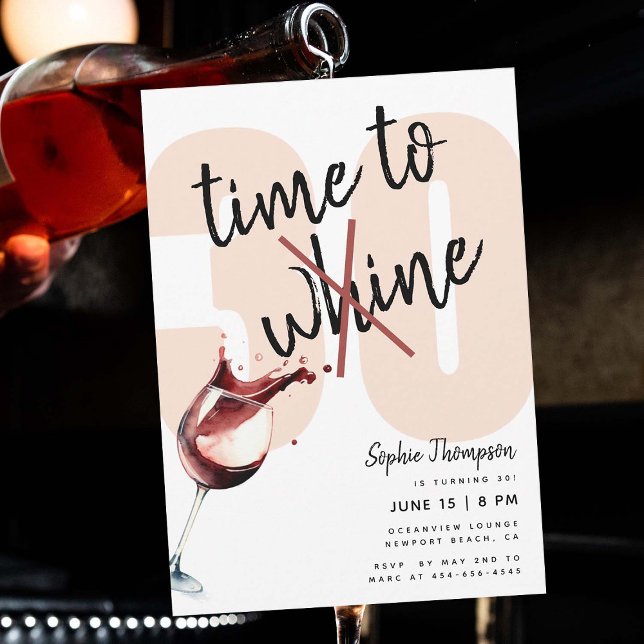 Invitación Momento cómico para el vino de ballenas 30 cumplea (time to wine whine funny 30th birthday invitation for women joke humor humorous pun modern clean fun)