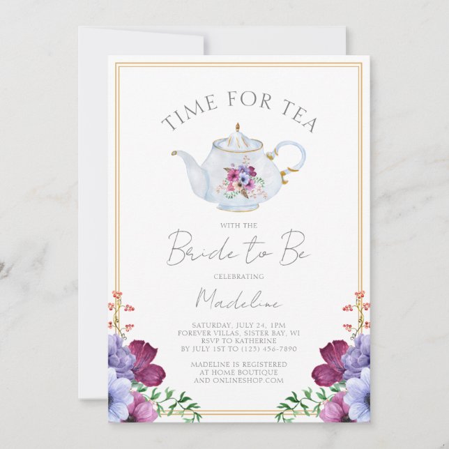 Invitación Momento Elegante Para La Ducha De Té Floral Bridal (Anverso)