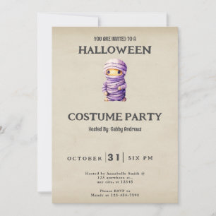 Invitación Momia vintage de Halloween morada y blanca