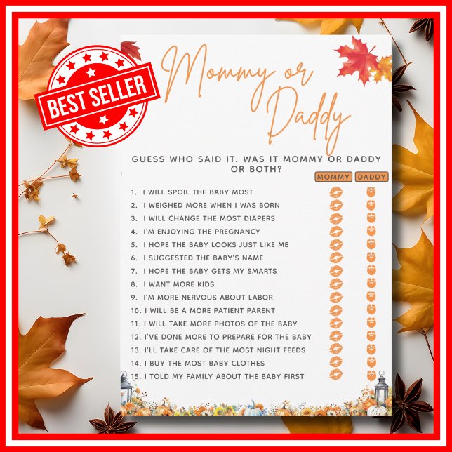 Invitación MOMMY O DADDY Juego De Baby Shower Un Poco De Cala (MOMMY OR DADDY Baby Shower Game with Answers A Little Pumpkin is on the Way Theme )