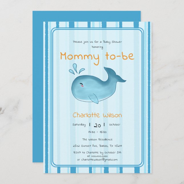 Invitación Mommy To Be Cute Whale Baby Shower (Anverso / Reverso)