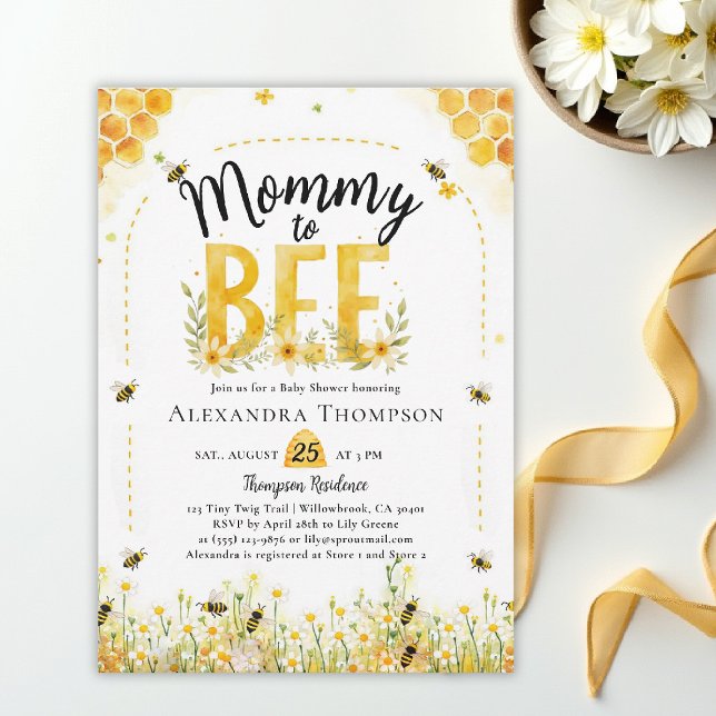 Invitación Mommy to Bee Wildflowers Honey Arch Baby Shower (bee baby shower theme invitation spring summer mommy wildflowers little honey watercolor elegant)