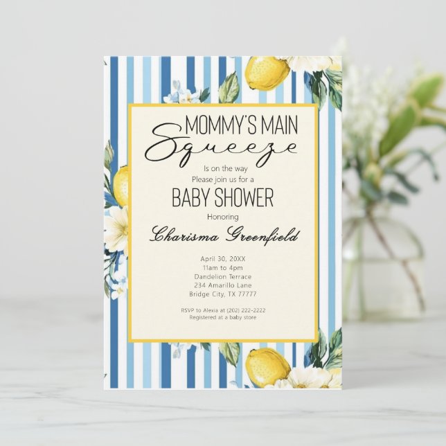 Invitación  Mommy's Main Squeeze Lemon Blue Boy Baby Shower (Anverso de pie)