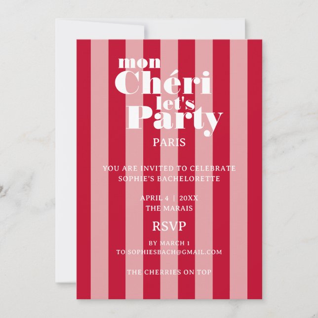 Invitación Mon Cherie Let's Fiesta Cherry Red Bold Stripe (Anverso)