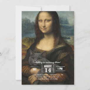 Invitación Mona Lisa sosteniendo un gato gris elegante
