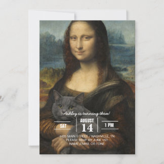 Invitación Mona Lisa sosteniendo un gato gris elegante