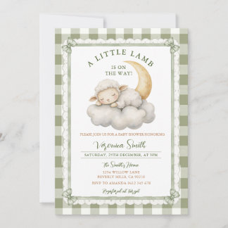 Invitación Mona un pequeño cordero Baby Shower Verde Salvia