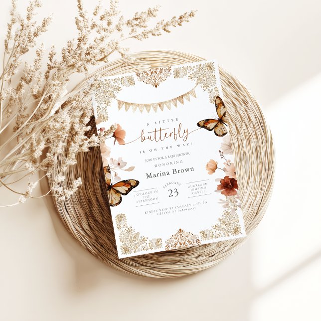 Invitación Monarch Butterfly Baby Shower  (girl baby shower invitations- butterfly baby shower invite-Mexican Talavera baby shower)