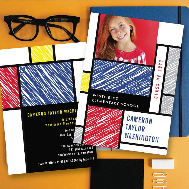 Invitación Mondrian Garabatea Foto Moderna Fiesta de Graduaci (Mondrian Scribbles Modern Photo Graduation Party Invitation by fatfatin @ zazzle.com/color_therapy)