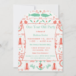 Invitación Moneda de coral de cumpleaños náutica de un año