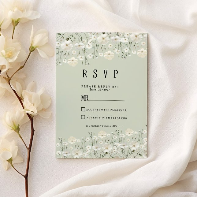 Invitación Moneda de marfil botánico delicada floral RSVP (Botanical ivory mint delicate floral RSVP )