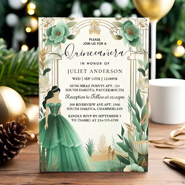 Invitación Moneda de oro Glam Esmeralda Verde Quinceanera (Subido por el creador)