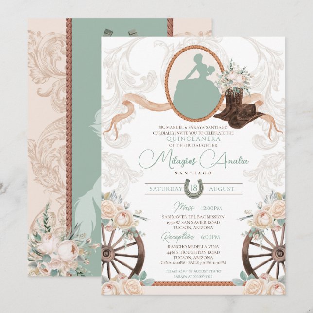 Invitación Moneda de rosa blanca Charro Verde Quinceanera Occ (Anverso / Reverso)