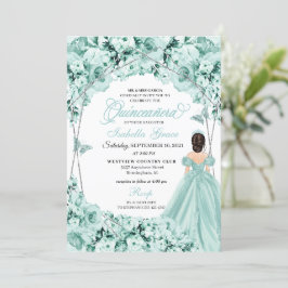 Invitación Moneda Floral Verde Tíara Princesa Vestido Quincea