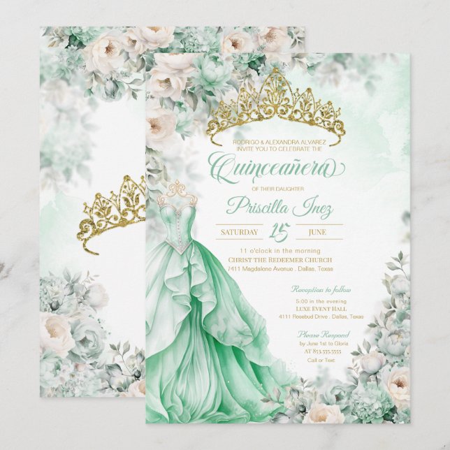 Invitación Moneda Green Gold Elegante Princesa Quinceañera (Anverso / Reverso)
