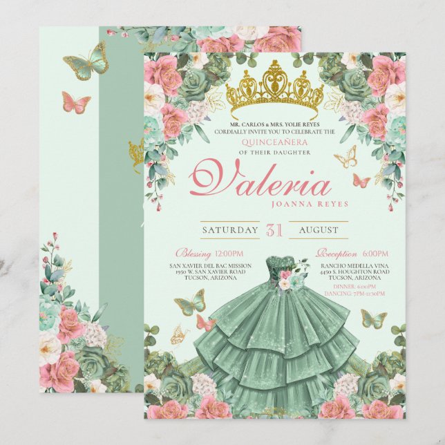 Invitación Moneda verde rosa rosa rosa azul mariposa Princesa (Anverso / Reverso)
