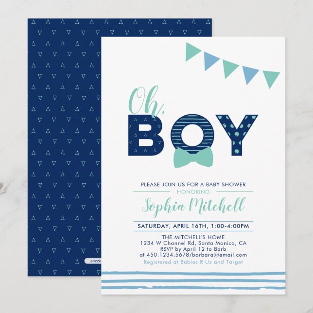 Invitación Moneda y marina | Moderna Typography Boy Baby Show (Anverso / Reverso)