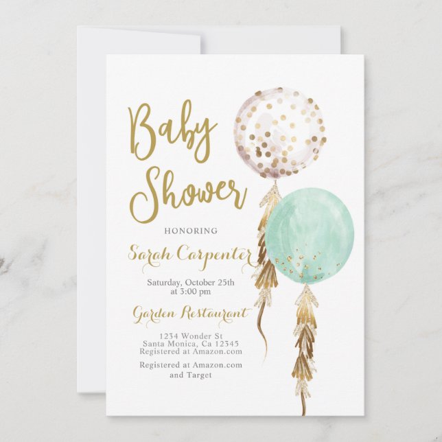 Invitación Monedas neutras de Baby Shower y globos de oro (Anverso)