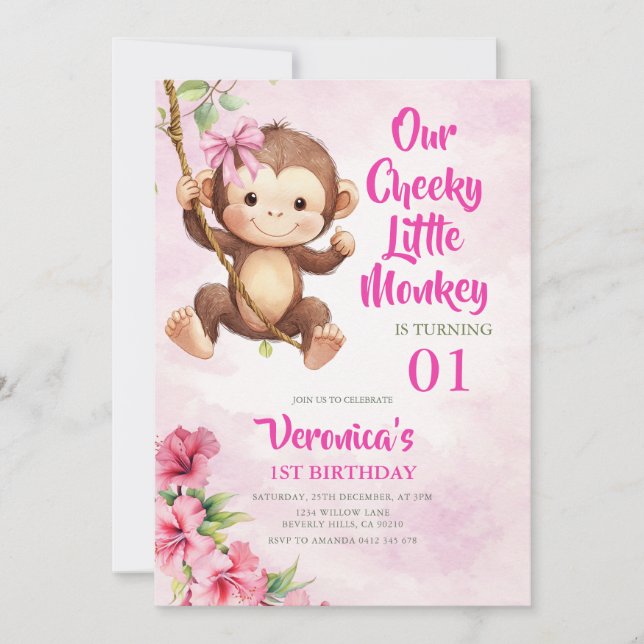 Invitación Monito Travieso Safari Cumpleaños 1er Año  (Anverso)