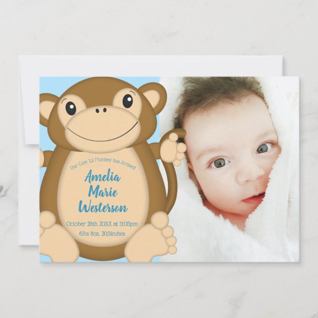 Invitación Monkey Baby Shower Blue (Anverso)