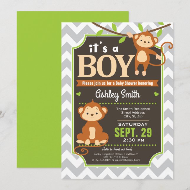 Invitación Monkey Baby Shower Invitation Boy (Anverso / Reverso)