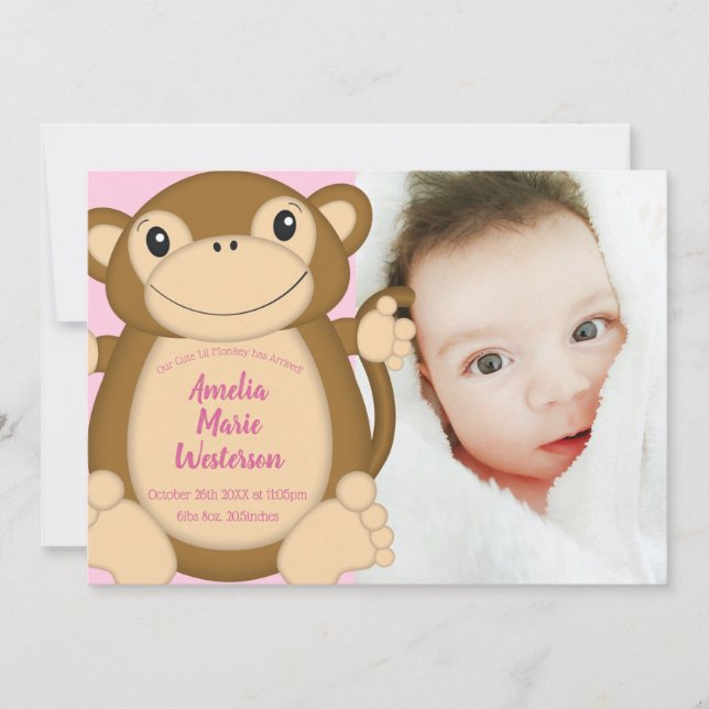 Invitación Monkey Baby Shower Pink (Anverso)