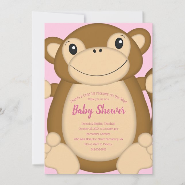 Invitación Monkey Baby Shower Pink (Anverso)