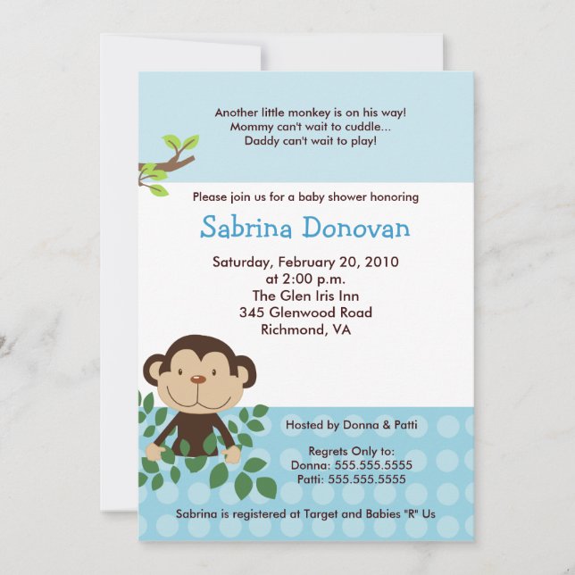 Invitación Monkey Blue Baby Shower de MONKAROONI (Anverso)