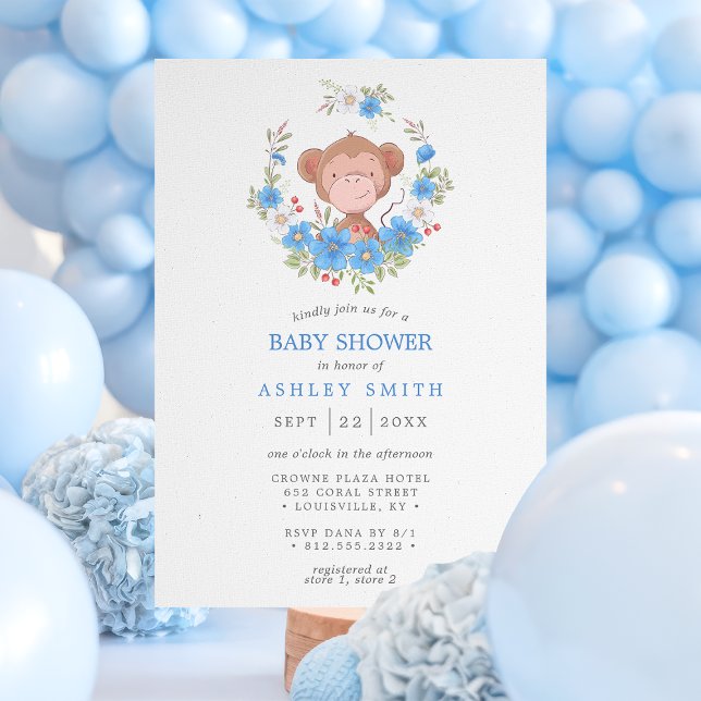 Invitación Monkey Blue Floral Boy Baby Shower (Subido por el creador)