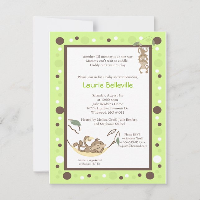 Invitación Monkey Business Green Brown Dot Baby Shower (Anverso)