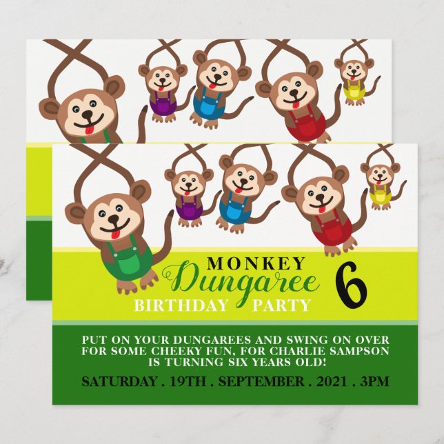 Invitación Monkey Dungaree, fiesta de cumpleaños del niño (Anverso / Reverso)