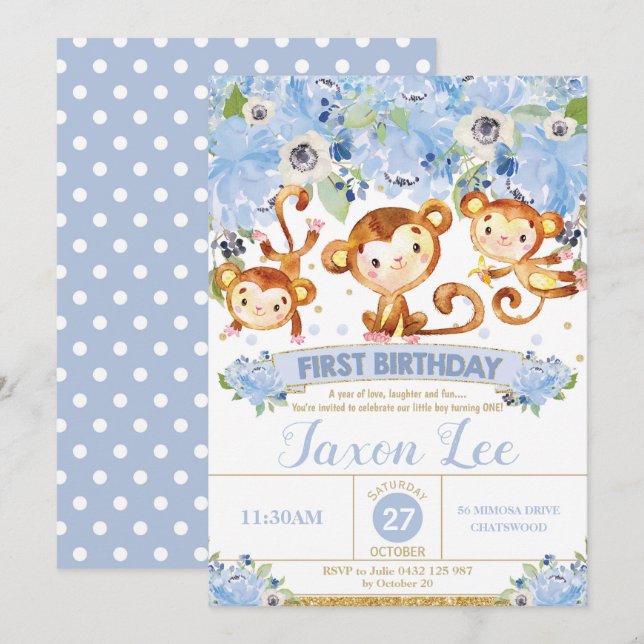 Invitación Monkey floral azul del 1r del cumpleaños muchacho (Anverso / Reverso)