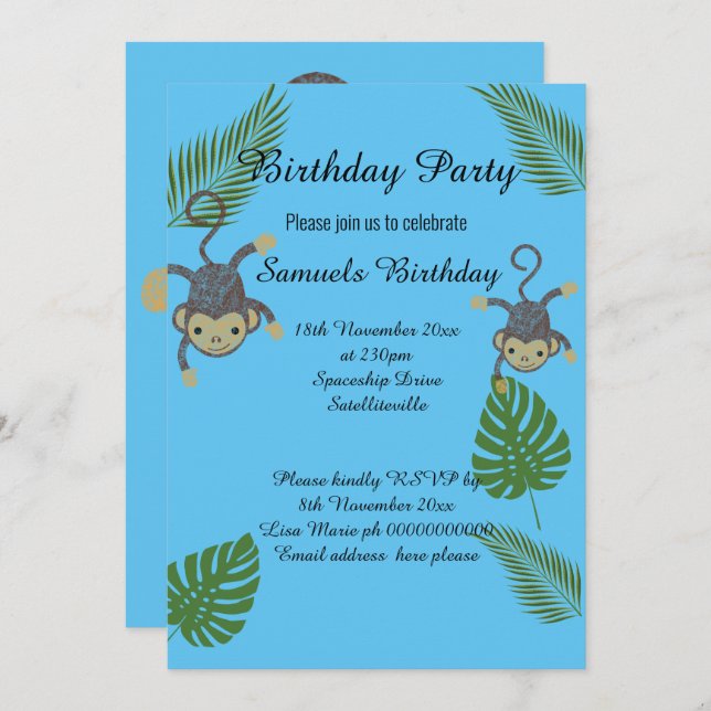 INVITACIÓN MONKEY JUNGLE BLUE CHILDRENS CUMPLEAÑOS (Anverso / Reverso)