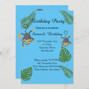 INVITACIÓN MONKEY JUNGLE BLUE CHILDRENS CUMPLEAÑOS
