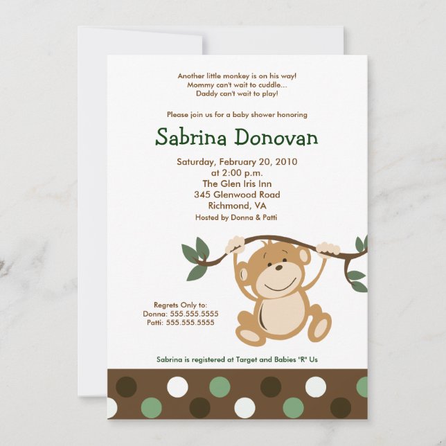 Invitación MONKEY PLAY 5x7 Baby Shower marrón/verde (Anverso)