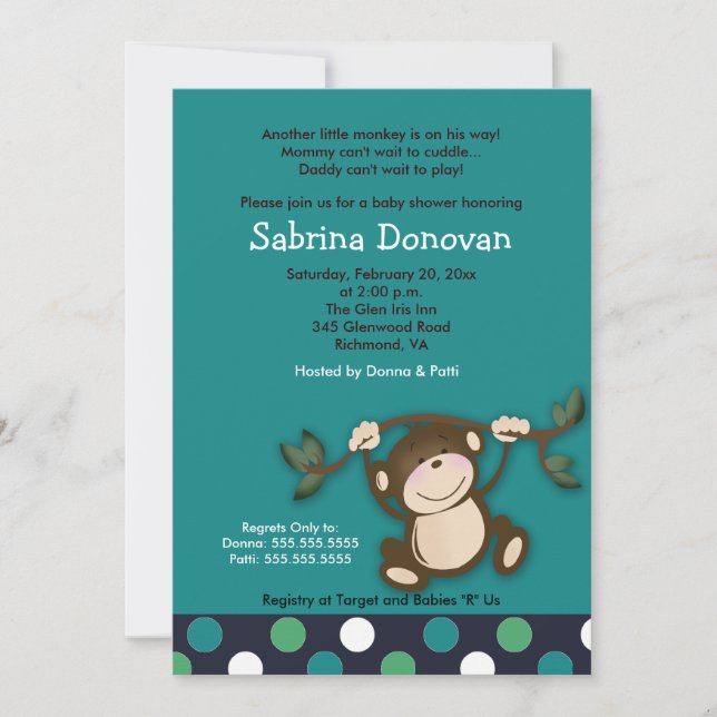 Invitación MONKEY PLAY 5x7 BLUE BOY BABY SHOWER (Anverso)