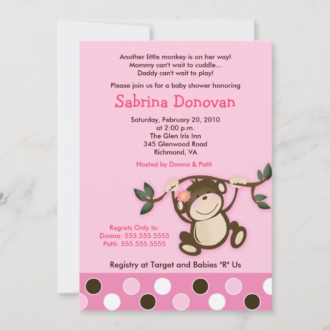 Invitación MONKEY PLAY 5x7 CHICA PINK BABY SHOWER (Anverso)