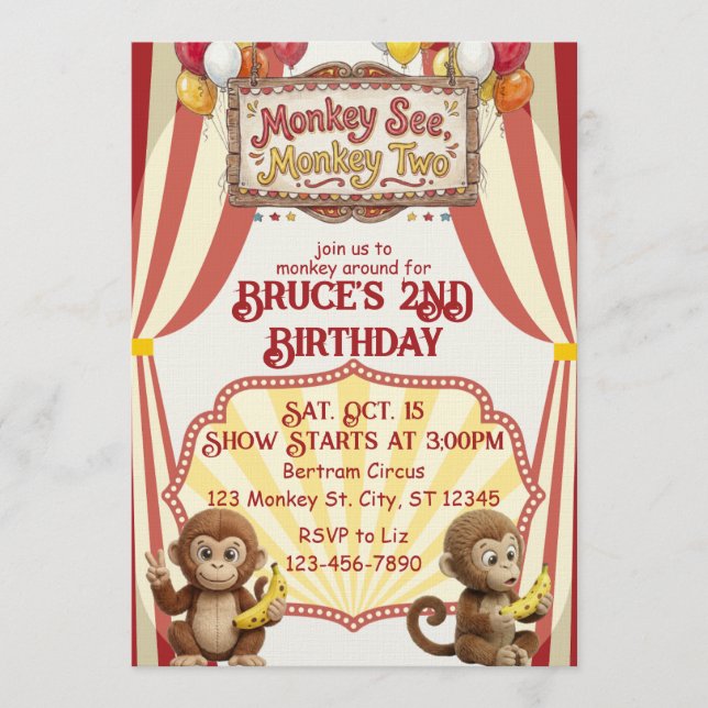 Invitación Monkey See Monkey Two, Circus 2nd Birthday (Anverso)