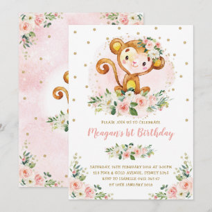 Invitación Mono 1 cumpleaños Rubor Floral rosa salvaje uno
