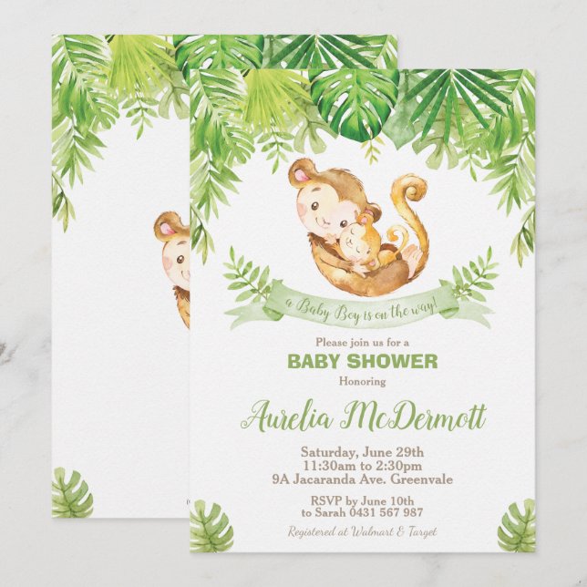 Invitación Mono Baby Shower Jungle Animales Baby Boy (Anverso / Reverso)