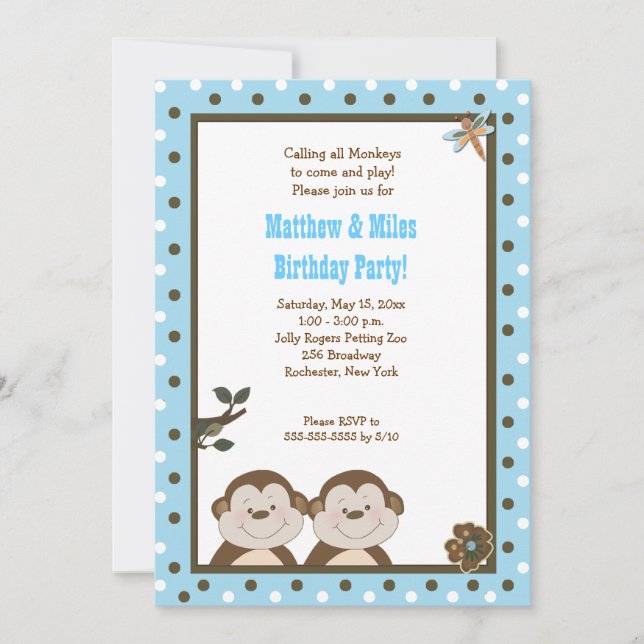 Invitación Mono Bambino de TWINS 5x7 Cumpleaños (Anverso)